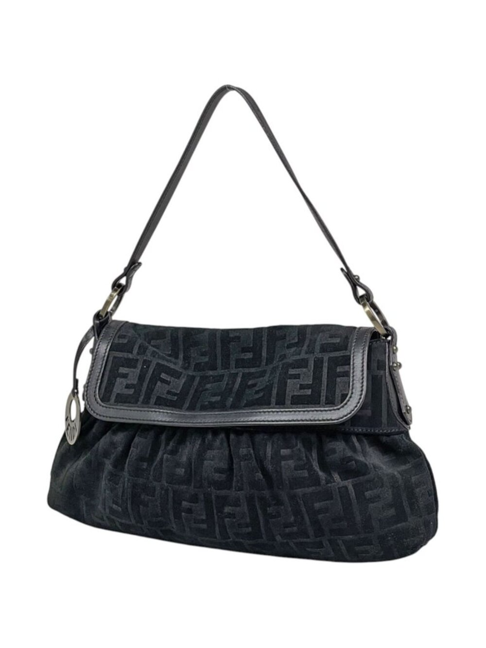 Fendi Shoulder Bag Zucca Pattern Suede Black
